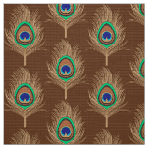 Tissu Plumes de paon, chameau Tan sur brun chocolat