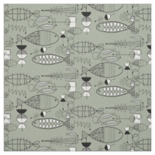 Tissu Poisson du milieu du siècle Art noir blanc vert