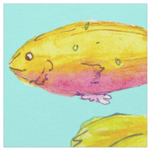 Tissu Poisson tropical Turquoise Bleu Lever Jaune