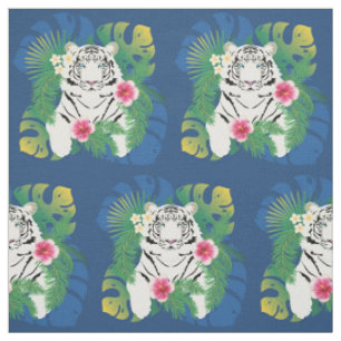 Tissu Portrait de tigre blanc avec feuilles tropicaux