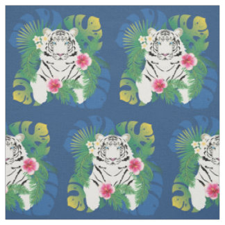 Tissu Portrait de tigre blanc avec feuilles tropicaux