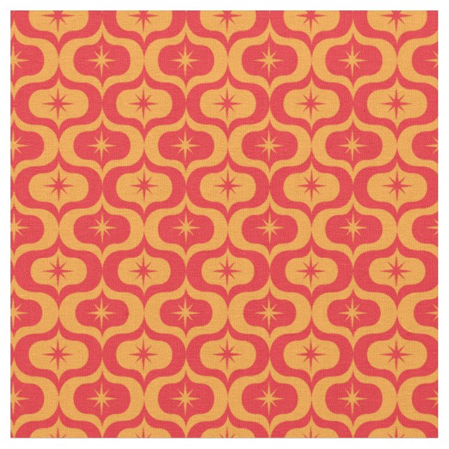 Tissu Poussées atomiques sur fond de motif ogee rouge et (Fermer)