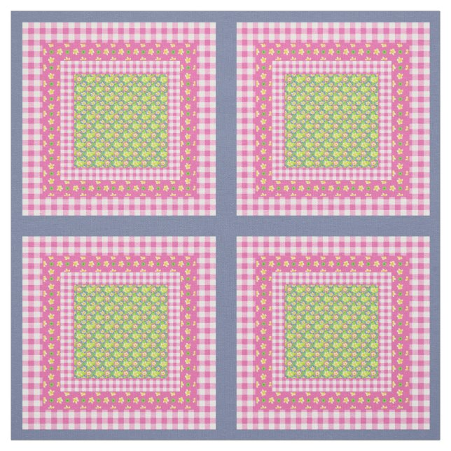 Tissu Primroses Rose Bleu Vert Faux Motif Patchwork (Échantillon)