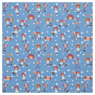 Tissu Raggedy Ann and Andy on Falling Hearts on Blue
