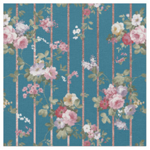 Tissu Rayures modernes florales rouge-rose bleues de