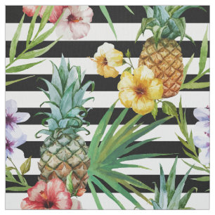 Tissu Rayures tropicales de noir de fleur d'ananas