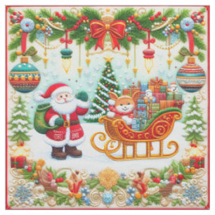 Tissu Regard de broderie de Noël coloré avec le Père Noë