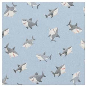 Tissu Requins à l'aquarelle jetés sur fond bleu clair