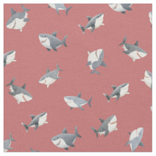Tissu Requins à l'aquarelle jetés sur fond rouge délavé