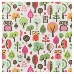 Tissu rétro motif de hibou d'arbre rose de feuille