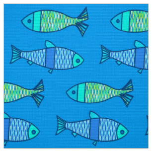 Tissu Rétros poissons modernes, turquoise et bleu