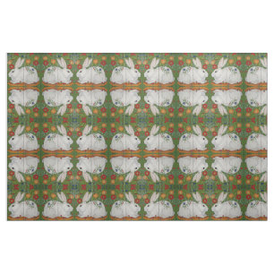 Tissu Reverse Blanc Rabbit Vert Floral Folk Art Fabric