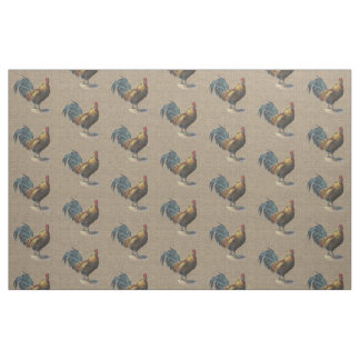 Tissu Rooster Coloré Sur Faux Jute Burlap Motif