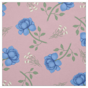 Tissu Roses bleues sur calicot rose surdimensionné