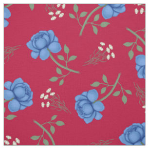 Tissu Roses bleues sur calicot rouge surdimensionné