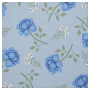 Tissu Roses bleues sur calicot surdimensionné bleu clair