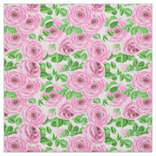 Tissu Roses d'aquarelle rose avec feuilles et bourgeons 
