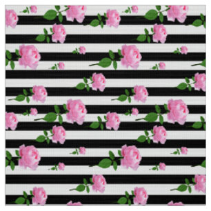 Tissu Roses Roses Rose Fleur Sur Bandes Blances Noires