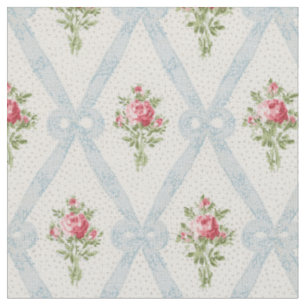Tissu Roses victoriens roses avec treillis à ruban bleu
