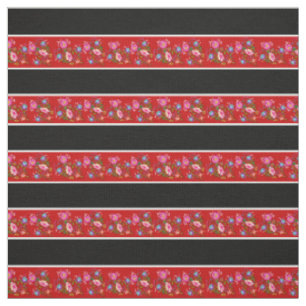Tissu Rouge/noir vif, bande blanche épingle, folk floral