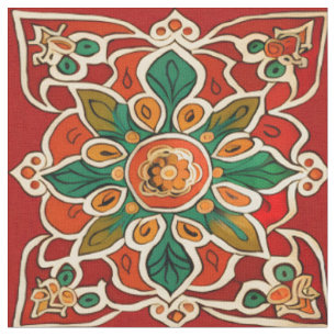 Tissu Rouge Vert Orange Jaune Azulejos Motif Floral