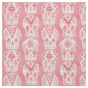 Tissu Rougissent le motif tribal AZTÈQUE de crâne de