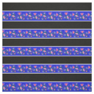 Tissu Royal bleu/noir, bande blanche épingle, folk flora