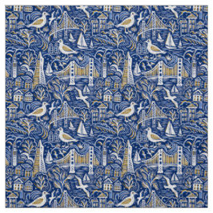 Tissu San Francisco Coastal Cityscape in Navy & Gold