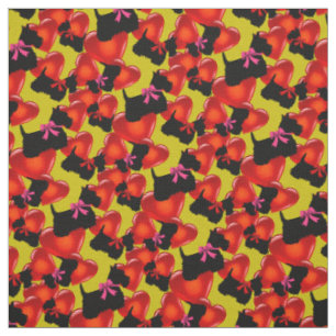 Tissu Scottish Terrier noir, coeurs, arc rouge/rose