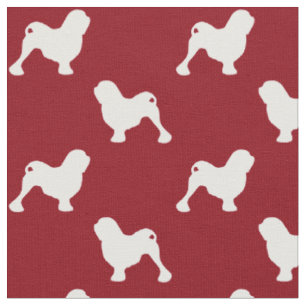 Tissu Silhouettes de chien Lowchen à motif rouge et blan