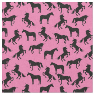 Tissu Silhouettes Unicorne rose et noir