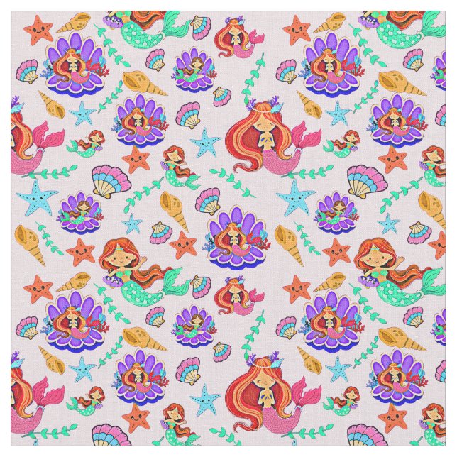 Tissu Sirènes et coquilles (Fermer)