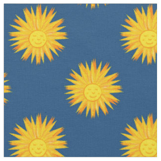 Tissu Soleil souriant sur fond bleu moderne à motifs cél