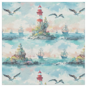 Tissu Thème nautique avec phare et oiseaux