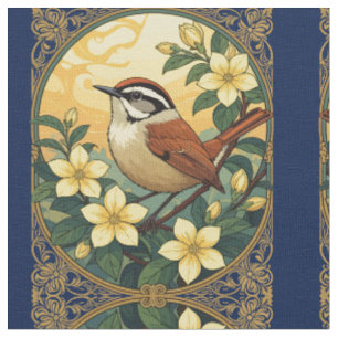 Tissu Thryothorus Bird Parmi Les Fleurs Jaunes De Jasmin