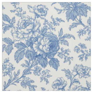 Tissu Toile de Jouy Floral Bleu et Crème