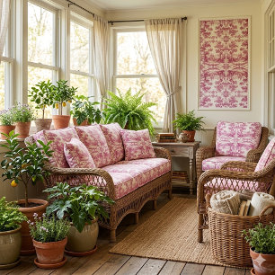 Tissu Toile de Jouy rose décor vintage avec chênes pasto