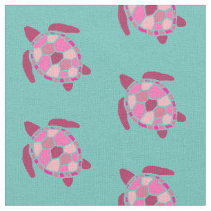 Tissu Tortues de mer rose nautique Motif sur Turquoise