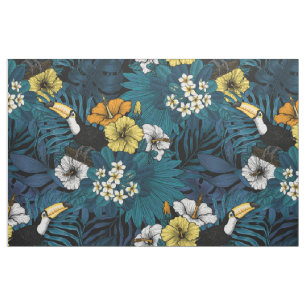 Tissu Toucans et flore tropicale, bleu, jaune, orange