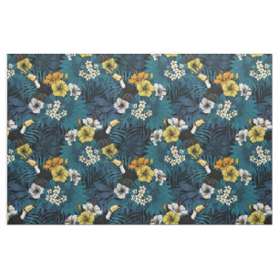 Tissu Toucans et flore tropicale, bleu, jaune, orange