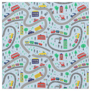 Tissu Trains Voitures Bus Road Chemin de fer Piste bleu