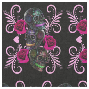 Tissu Triple Jour Noir Des Crânes Morts Roses Rose