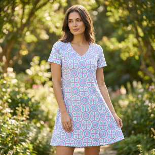 Tissu Turquoise blanc & violet Elégant Motif géométrique