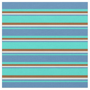 Tissu Turquoise, Bleu, Cyan clair & Lignes Brown
