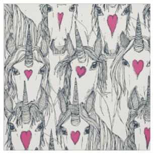Tissu unicorne amour indigo rose perle