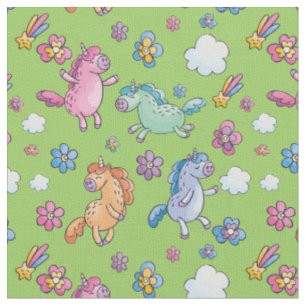 Tissu Unicornes lunaires et jolies fleurs brillantes