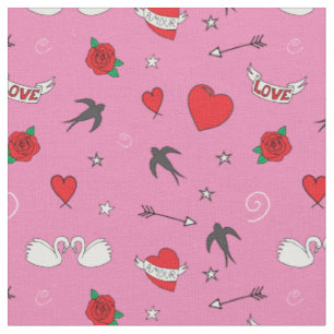 Tissu Valentines rétro Motif mignon en rose