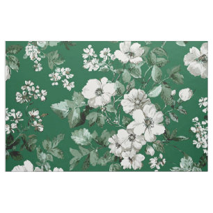 Tissu Vert botanique floral rustique blanc gras vintage
