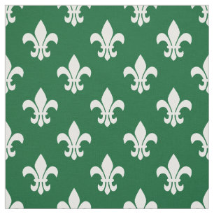 Tissu Vert forêt, Blanc Fleur De Lis Motif