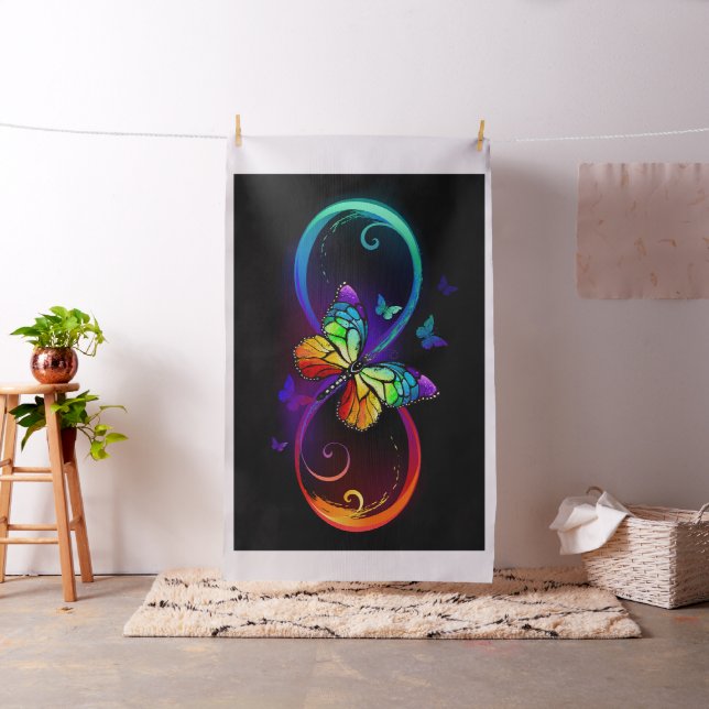 Tissu Vibrant infinity with rainbow butterfly on black (In Situ)